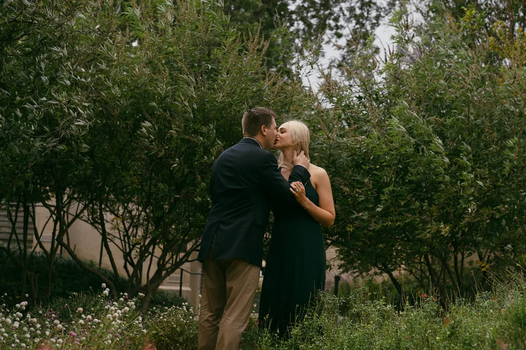 Romantic Cinematic Engagement Photograph taken at the Dallas Arboretum