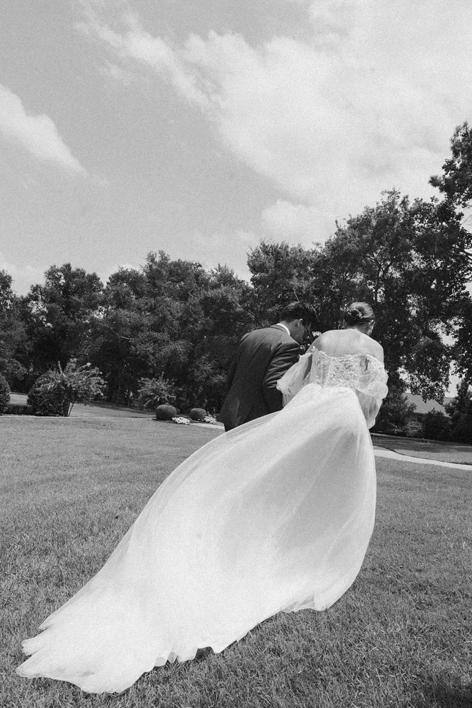 black and white photograph of couple on their wedding day at a tyler texas venue