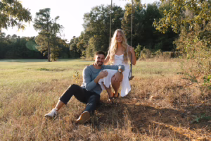 engagement photos at sunset oaks in tyler texas on a tree swing. couple was worried they would hate being photographed, they ended up loving it